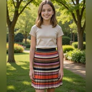 Abel & Lula Pleated Plisse Skirt Red Pink Black Beige Stripes Size 12